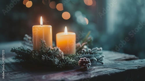 Lit candles with festive pine decorations on a wooden table during the holidays.