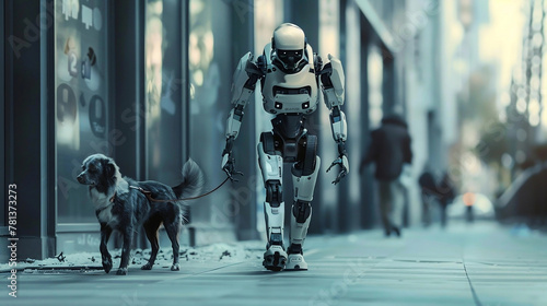 robot walking a dog. robot is having his own pet. 