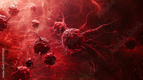 A thought provoking illustration of cancer cells multiplying in a sea of red against a backdrop of dark tones,