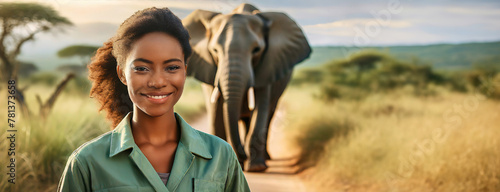 Smiling woman stands before an elephant on an African savanna, epitome of wildlife conservation. Female in uniform takes a role in environmental protection, pride in her stance.