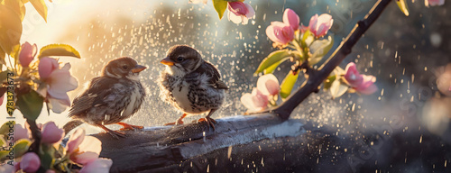 Sparrows perch on branch during a gentle shower, raindrops glistening in soft light. Feathered friends share a moment of serenity amid spring blossoms, nature's symphony.