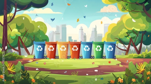 The summer landscape of a cityscape background with trees for recreation and waste recycling bins for sorting waste. Modern illustration depicting a city park with recycling bins for sorting waste,