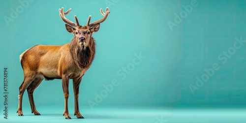 deer standing, isolated on left side of pastel teal background with copy space.