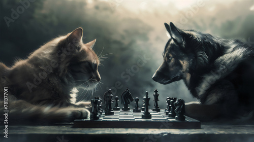 cat vs dog playing chess