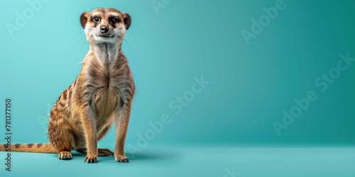 meerkat standing, isolated on left side of pastel teal background with copy space.