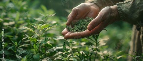 An ecologically sound nursery's green herbs garden encompasses the area where a lady agricultural individual is compiling mugwort, a relieving herb and space, Generative AI.