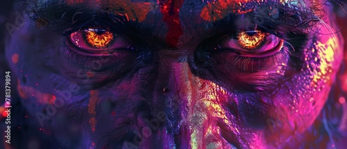 Close-up of Hanuman's face in neon technicolor, intense eyes emitting a spectrum of light, symbolizing divine power and wisdom