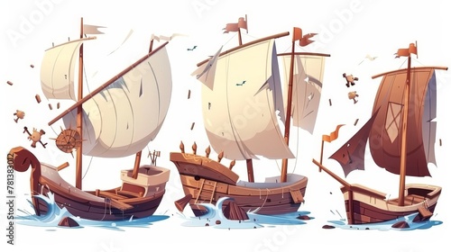 The ragged sails and broken planks of a wood boat are on a white background. Old and new battleships are broken after a shipwreck and a sea battle. Cartoon modern illustration.