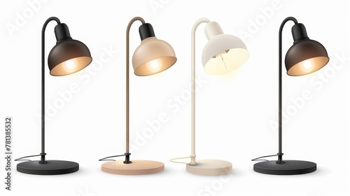 Modern realistic set of three 3D desk lamps with bulb, shade, and round stand isolated on white background for office, bedroom or living room interior.