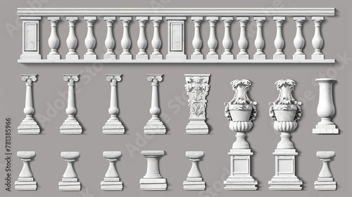 A collection of modern realistic white stone or marble pillars, columns, balusters, handrails and bases for a classic ancient fence for a balcony, terrace or parapet.