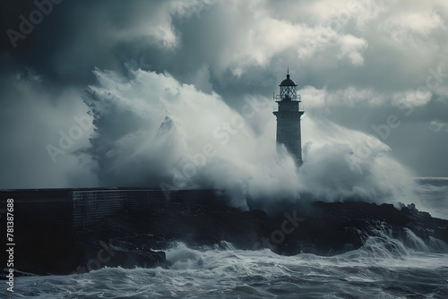 Dramatic seascape with a lighthouse standing firm against powerful waves during a storm, symbolizing guidance and resilience in adversity.