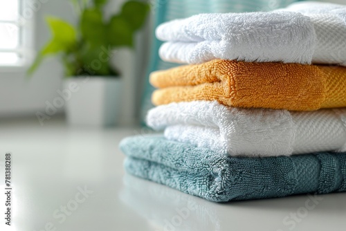 Close-up of folded bath towels creating visually pleasing arrangement on white table indoors