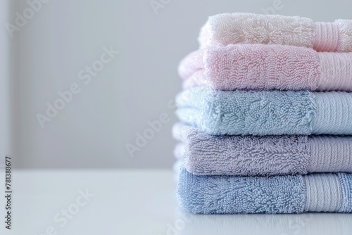 Stacked bath towels on white table indoors, with space for text in background.