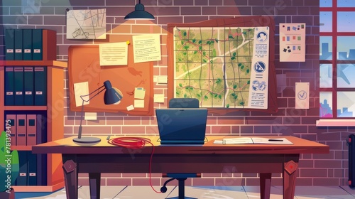 Detective's office with evidence on the table and a red thread for investigation, police workstation with a laptop, lamp and pinboard with notes, map and photo. Modern cartoon illustration, police