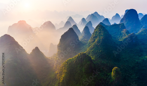 Aerial view of karst mountain natural landscape at sunrise in Guilin. Famous holiday resorts in China.