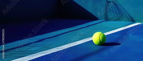 single tennis ball resting on the white line of a blue tennis court.