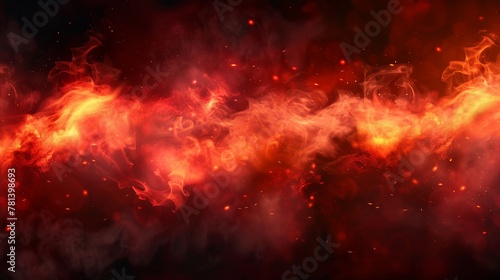 Flying particles glow in hell smog texture overlay illustration. Inferno magic power steam wave with red smoke cloud effect.
