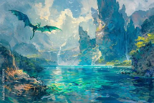 Experiment with color and texture to depict a fantastical scene of an archipelago inhabited by mythical creatures, with dragons soaring above the islands and mermaids swimming in the crystal-clear wat