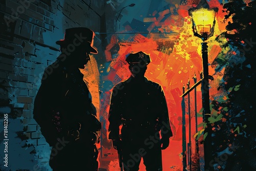 Under the harsh glow of a streetlamp, a grizzled cop interrogates a suspect in the back alleys of the city, his steely resolve unshaken as he seeks to extract the truth from a web of lies