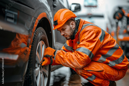 On-the-Go Repair, Roadside Worker Fixing a Tire