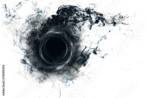 black hole surrounded by swirling gas and dust, against a white background to highlight its mysterious and powerful nature.