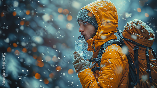 Man in a yellow winter jacket drinking water with snowy background.
