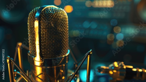 Golden Microphone on Moody Studio Background with Audio Equipment
