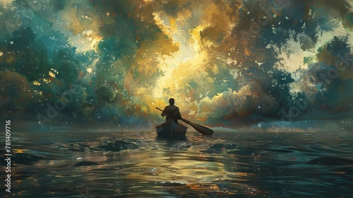 Surreal artwork depicting a man lost at sea, paddling on a canoe, immersed in the solitude and tranquility of the open ocean.