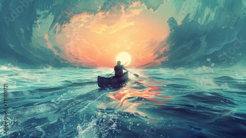 Illustration depicting a solitary journey at sea, with a man paddling on a canoe surrounded by endless waters, symbolizing solitude and self-discovery.