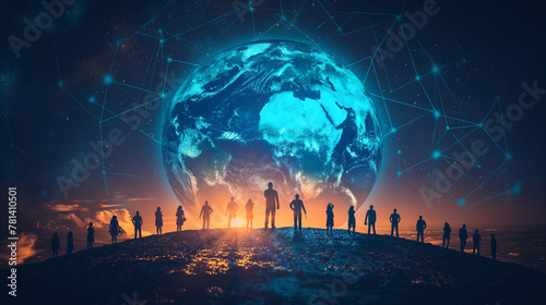 Business global network connection telecommunication technology concept, Futuristic silhouette business people group working on communication technology with internet link graphic background.
