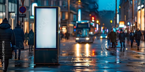 Illuminated Digital Kiosk on Rainy Urban Street at Night with Interactive Display Space