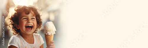 Happy little girl eating ice cream in a waffle cone against the backdrop of a sunny city street, cafe in summer.Banner. Copy space for text. Mockup