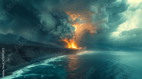 Eruption volcanique vue depuis le ciel, paysage de volcans côtiers en éruptions par temps de tempête, Islande