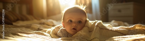 A curious baby peeking out from under a blanket in a sunlit room