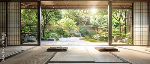 A peaceful traditional Japanese room with tatami mats and a serene garden view