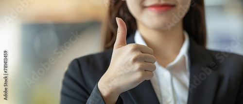 A professional businesswoman in a suit giving a thumbs up sign