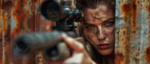 A woman is aiming a sniper rifle with concentration
