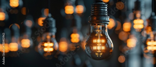 Multiple illuminated light bulbs hanging against a dark background symbolizing ideas.