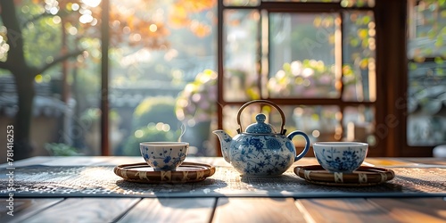Artfully Arranged Porcelain Teapot and Cups Awaiting Patrons in a Cozy Traditional Tea House