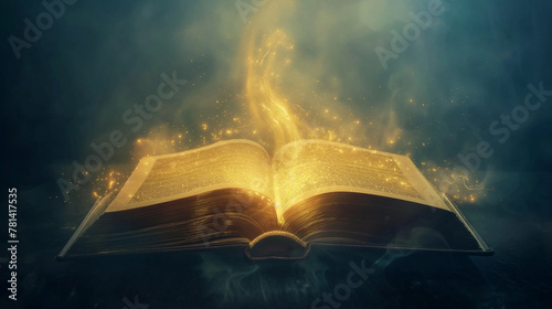 Mystical open book with golden glowing particles, perfect for educational inspiration, fantasy backgrounds or creative storytelling.
