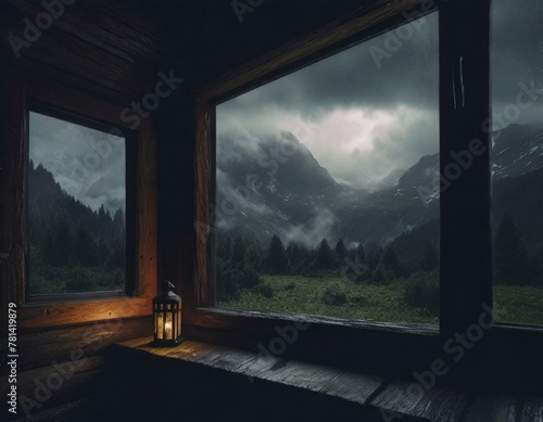 The outdoor scenery viewed through the large window, soon to be cloudy as if rain is imminent