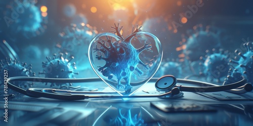 Abstract digital heart with bacterial shapes on the background of medical equipment, stethoscope and office desk
