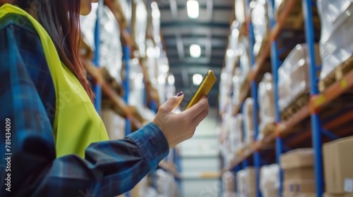 In blurry warehouse background, business workers use smartphones to track delivery and handle cargo for transportation of goods.