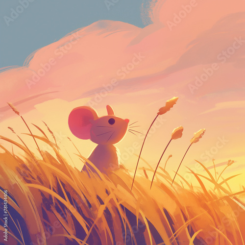 rato no campo no por do sol rosa - Ilustração