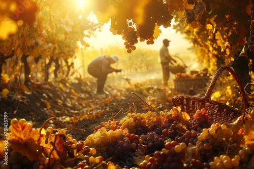 Harvesting grapes in a vineyard within a natural landscape