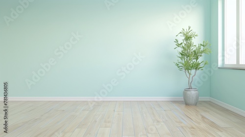 A large empty room with a white wall and a large potted plant in the corner. The room is very clean and has a minimalist feel to it