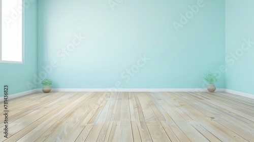 A large, empty room with a blue wall and wooden floors. The room is bare and uncluttered, with no furniture or decorations. The only objects in the room are two potted plants