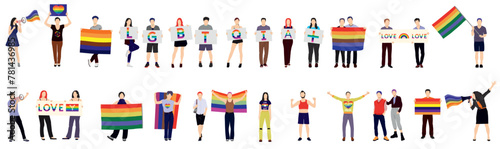LGBT community. Group of happy people at LGBTQ pride with flags. Sexual freedom and love diversity concept. Gays, lesbians and queer people. Flat vector illustration isolated on white background 