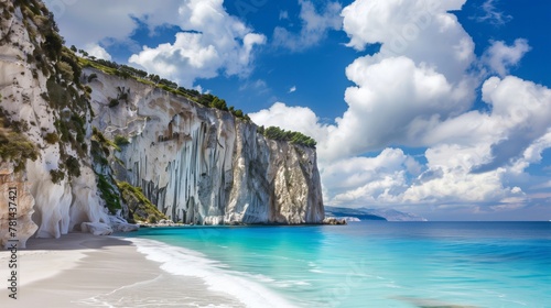 A beautiful beach with a cliff in the background. The sky is blue and there are clouds in the background