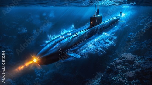 A sleek, metallic submarine navigating deep blue ocean waters, launching a bright trail underwater